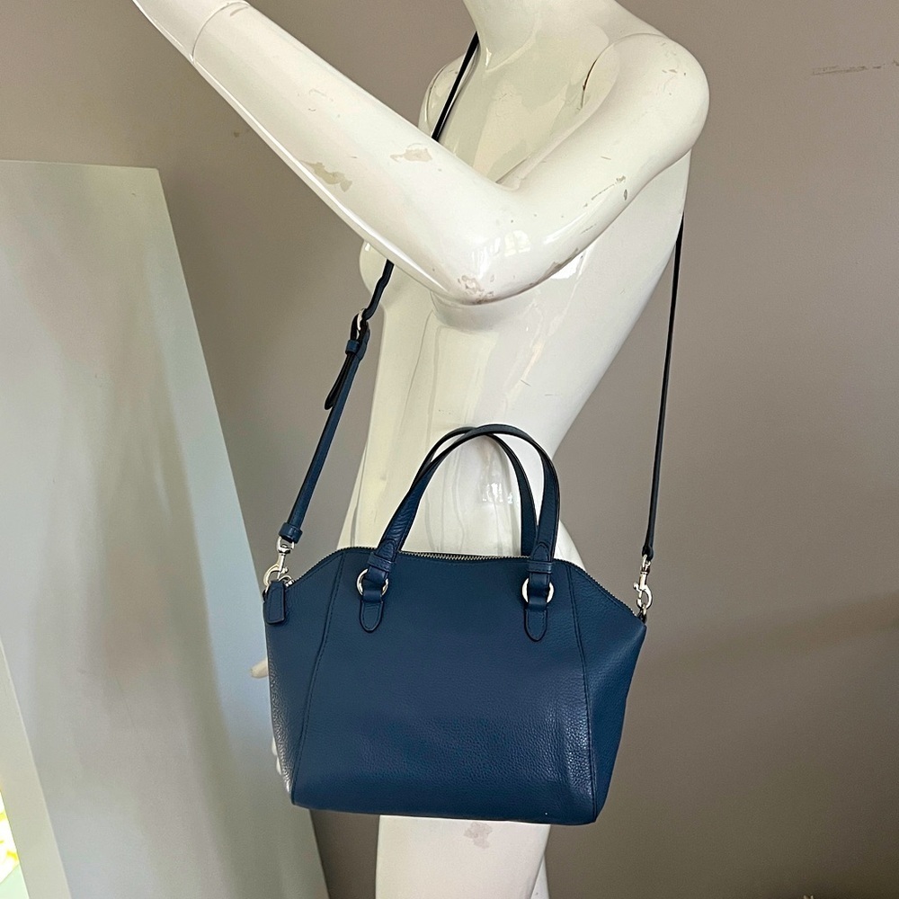 Coach Blue Pebbled Leather Two Way Crossbody Double Handle Zip Top Satchel Bag - Picture 2 of 12